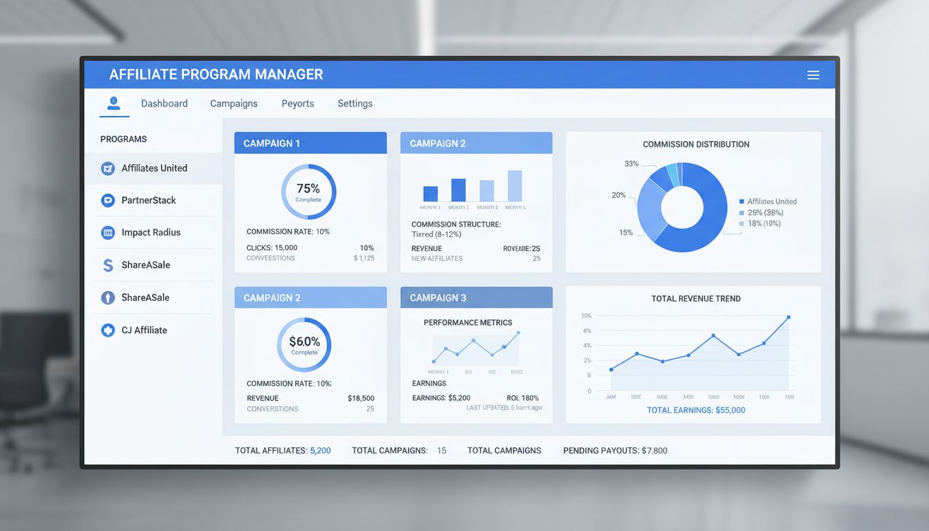 Dashboard zur Verwaltung mehrerer Affiliate-Programme mit verschiedenen Kampagnen, Provisionsstrukturen und Analysen