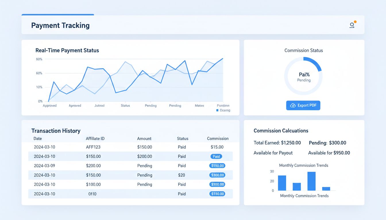 Affiliate-Software Zahlungs-Dashboard mit Echtzeit-Zahlungsstatus, Transaktionshistorie und PDF-Export-Funktion