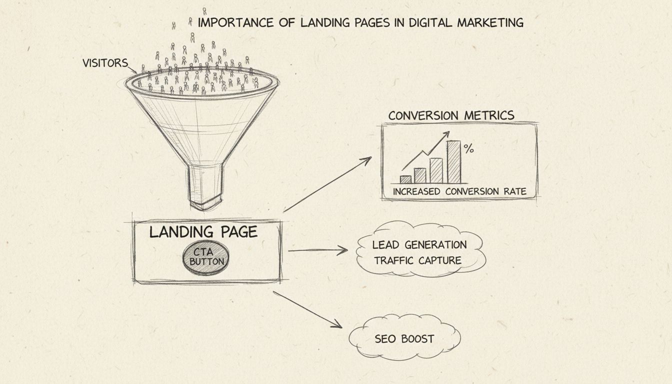 Handgezeichnetes Diagramm zeigt die Bedeutung von Landing Pages mit Conversion-Funnel, CTA-Button und Marketingvorteilen