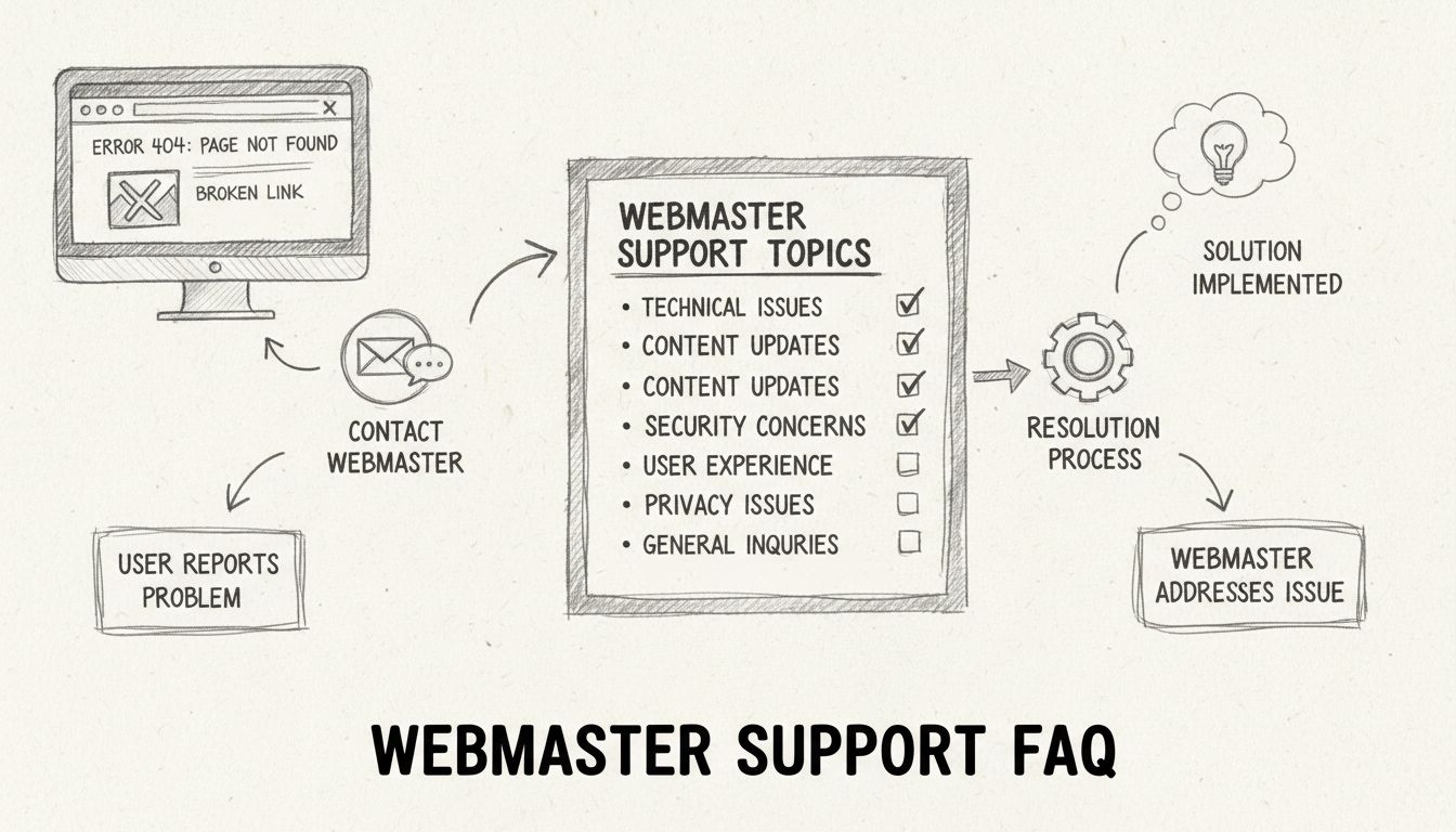 Diagramm des Webmaster-Support-Workflows, das zeigt, wie man Website-Probleme meldet und Support kontaktiert