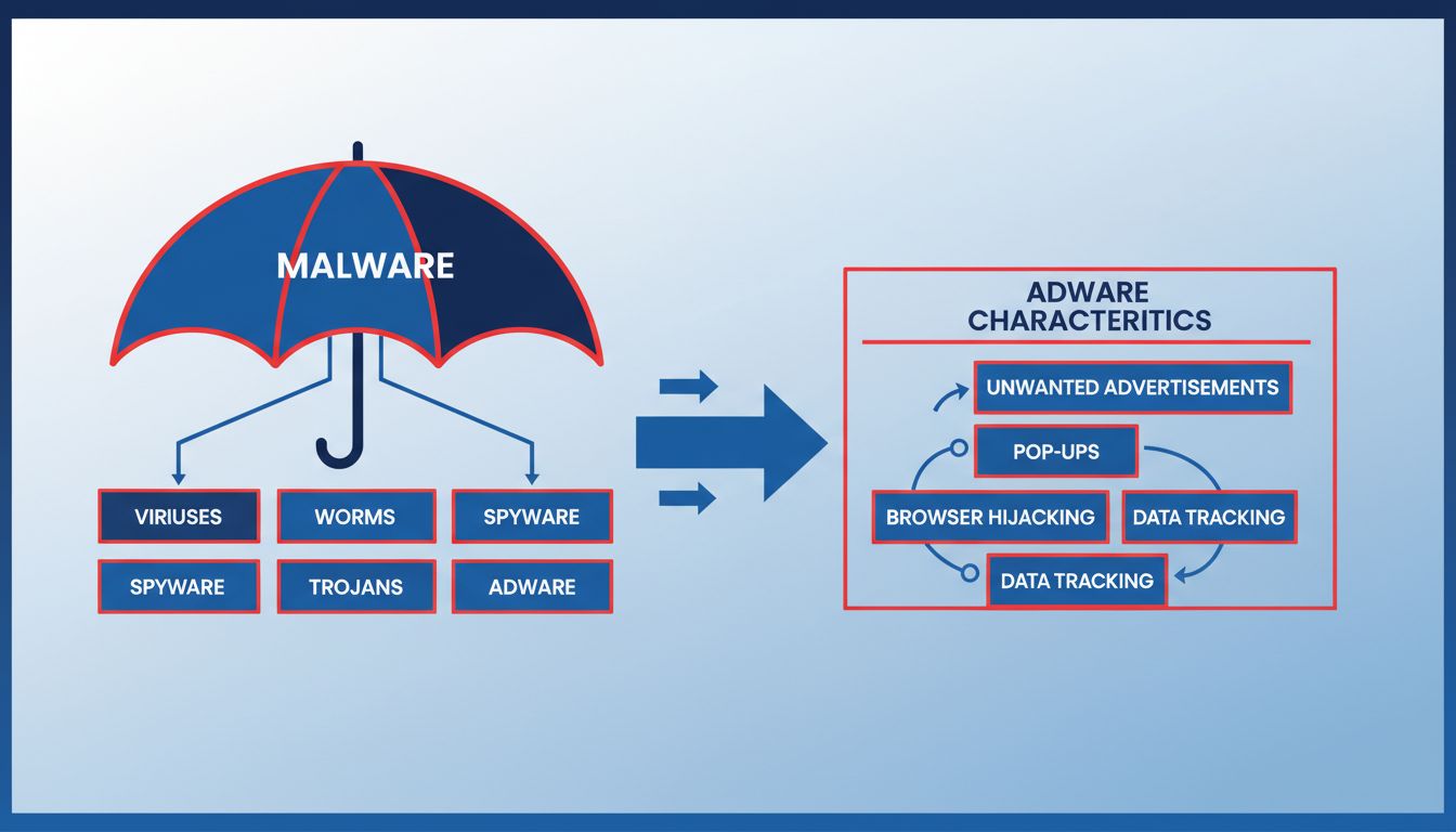 Diagramm, das die Beziehung zwischen Adware- und Malware-Kategorien zeigt