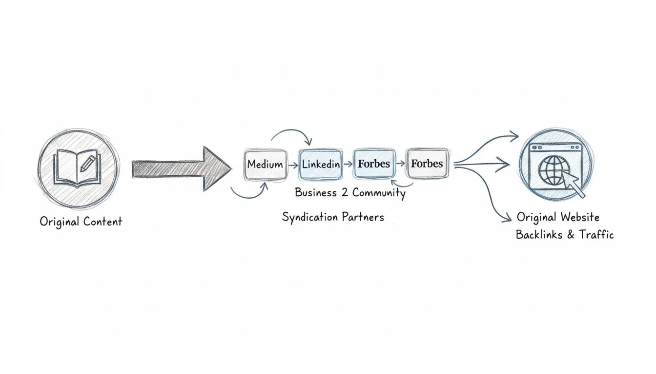 Ablaufdiagramm zur Content-Syndication, das zeigt, wie Originalinhalte zu mehreren Syndikationspartnern fließen und Traffic zur ursprünglichen Website zurückkehrt
