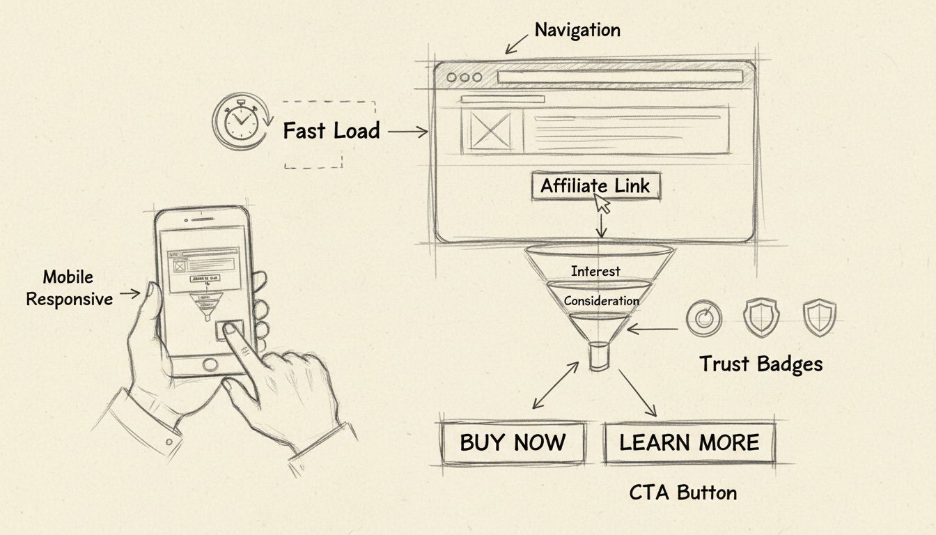 UX-Design-Elemente für Affiliate-Marketing wie Navigation, mobile Responsivität, schnelle Ladezeiten, Vertrauenssiegel und Conversion-Optimierung