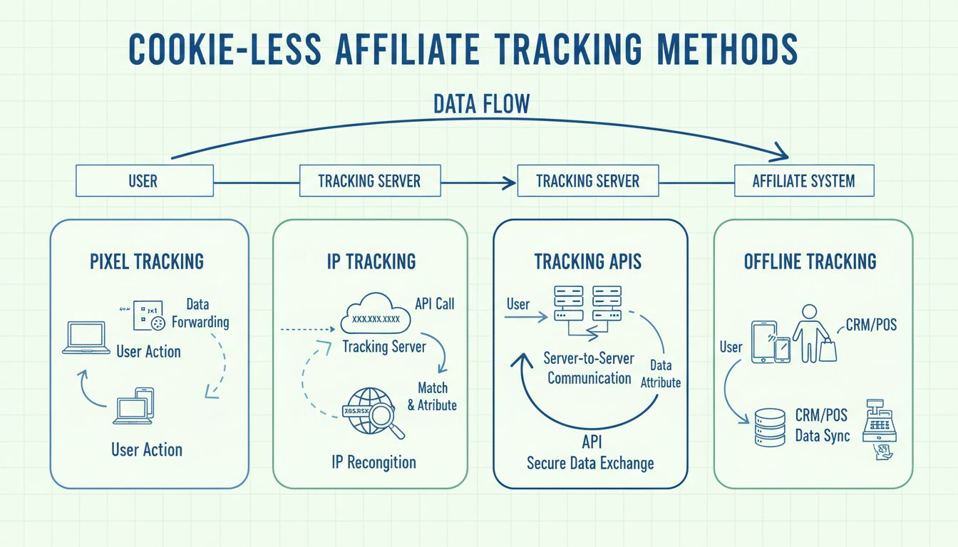 Infografik zu cookie-losen Tracking-Methoden mit Pixel-Tracking, IP-Tracking, APIs und Offline-Tracking