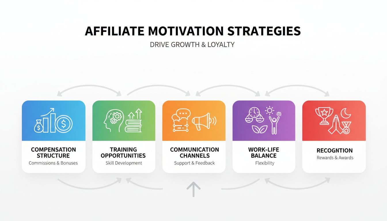 Affiliate motivation strategies infographic showing compensation, training, communication, work-life balance, and recognition elements