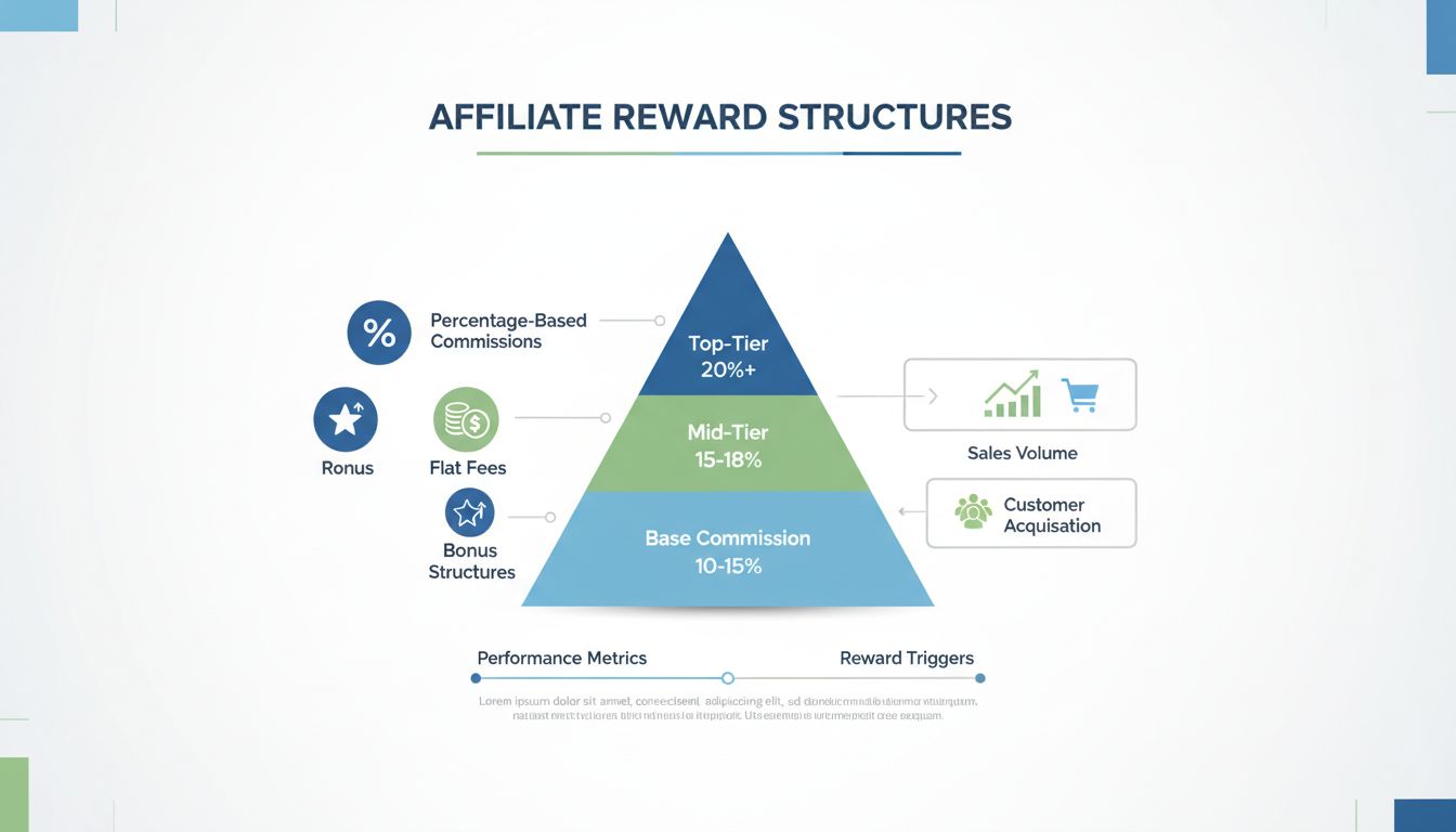 Affiliate-Provisionsstruktur mit Basis-, Mittel- und Top-Tier-Belohnungen, prozentual und als Festbetrag