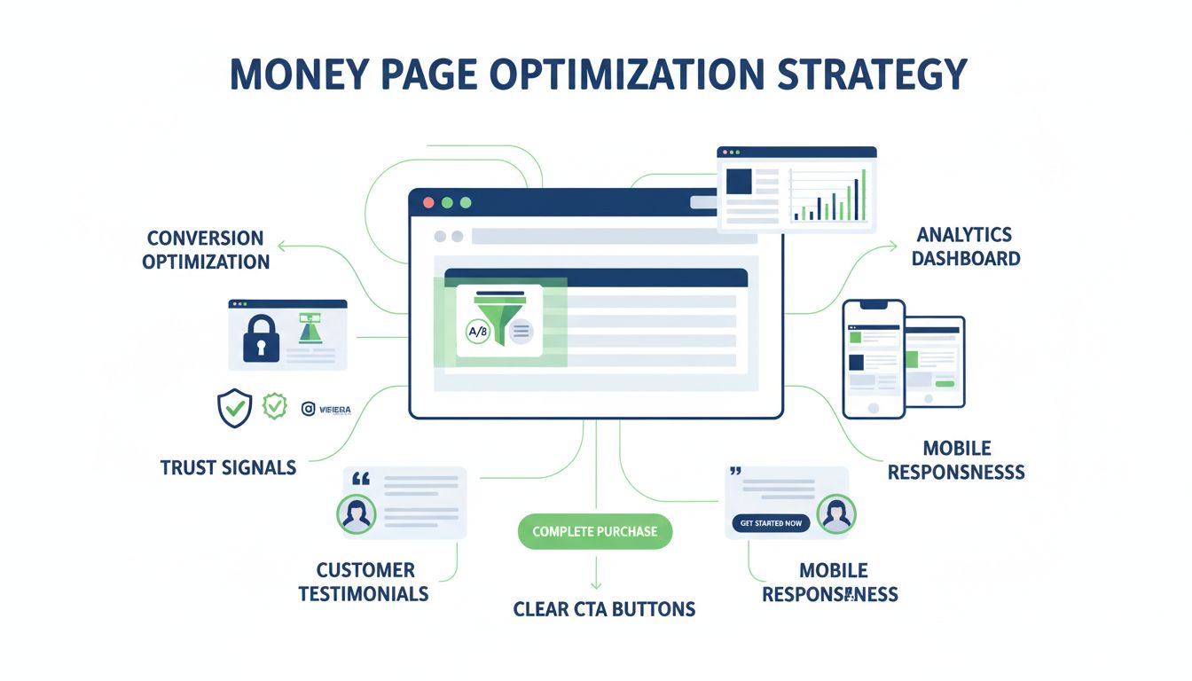 Infografik zur Money-Page-Optimierung mit Conversion-Optimierung, Vertrauenssignalen, CTA-Buttons, Testimonials, mobiler Responsivität und Analytics