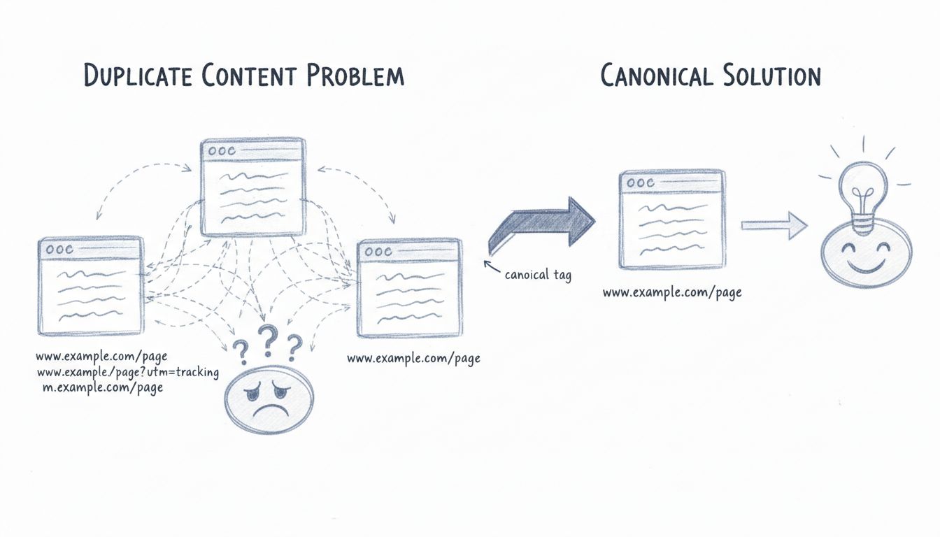 Diagramm mit Duplicate-Content-Problem links, mehrere URL-Varianten führen zur verwirrten Suchmaschine, und Canonical-Lösung rechts mit einer konsolidierten Seite