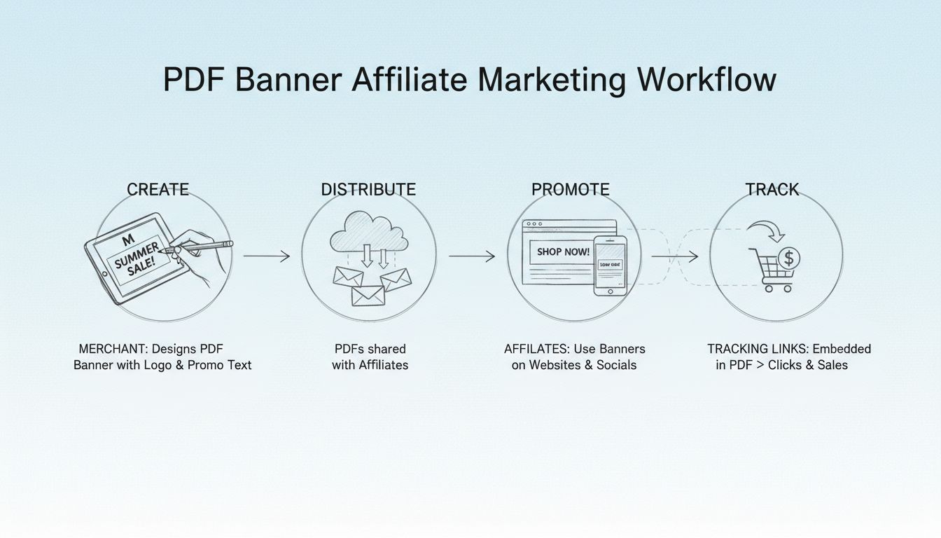 PDF banner creation workflow diagram showing Create, Distribute, Promote, and Track steps for affiliate marketing