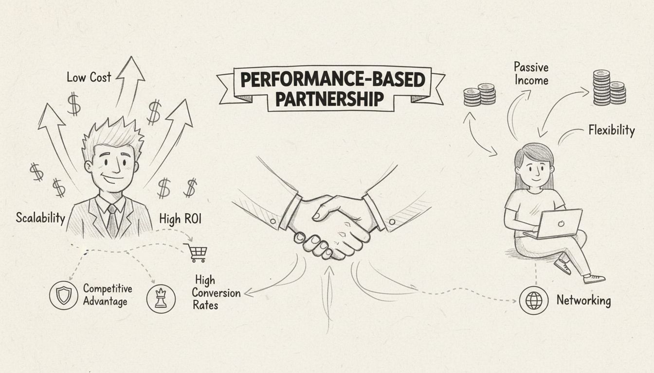 Handgezeichnetes Diagramm zeigt Vorteile von Affiliate-Programmen wie niedrige Kosten, hohe Rendite, Skalierbarkeit, passives Einkommen, Flexibilität, Networking und leistungsbasierte Partnerschaften