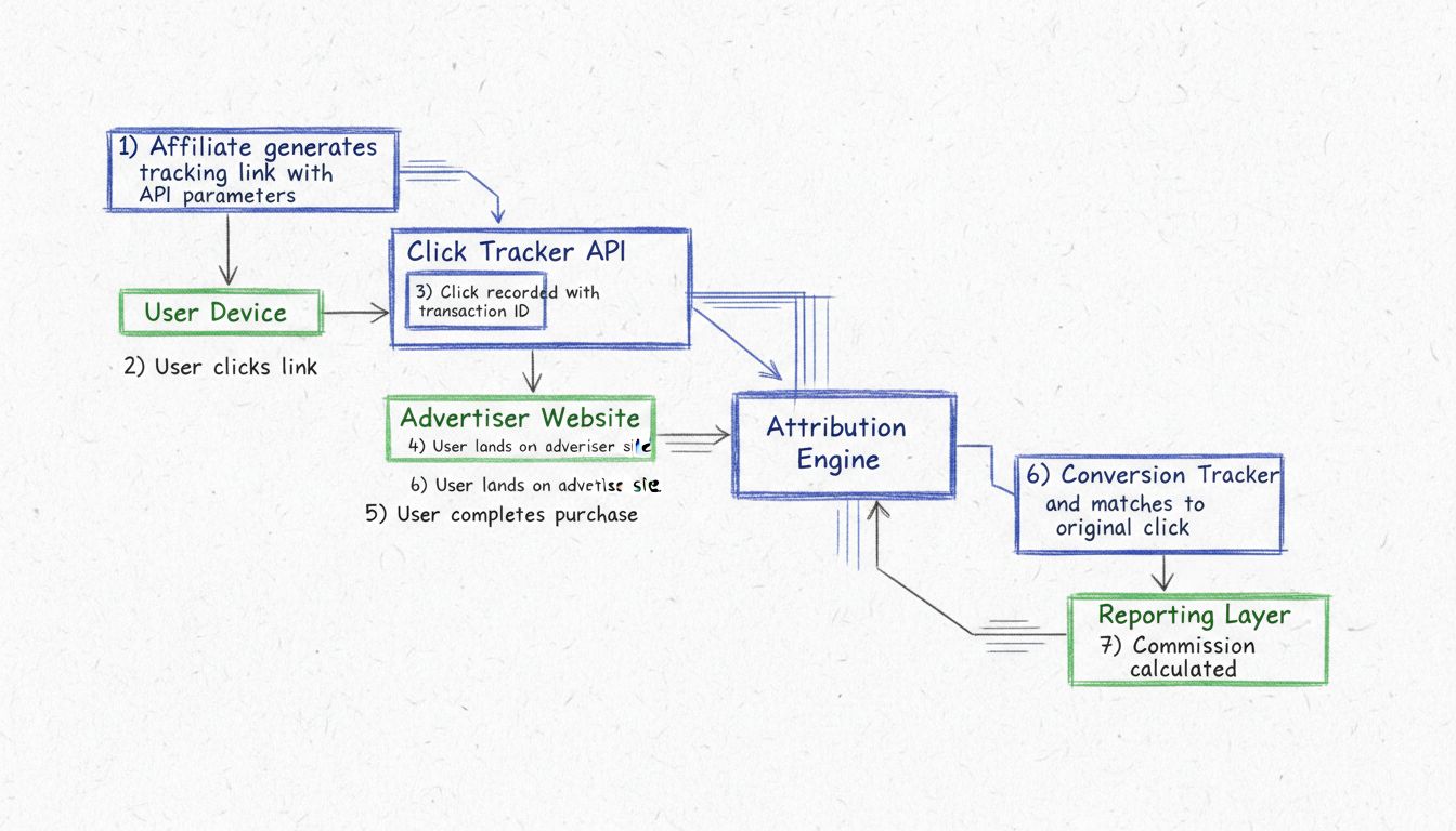 API tracking flow diagram showing click tracking, attribution engine, conversion tracking, and reporting layers