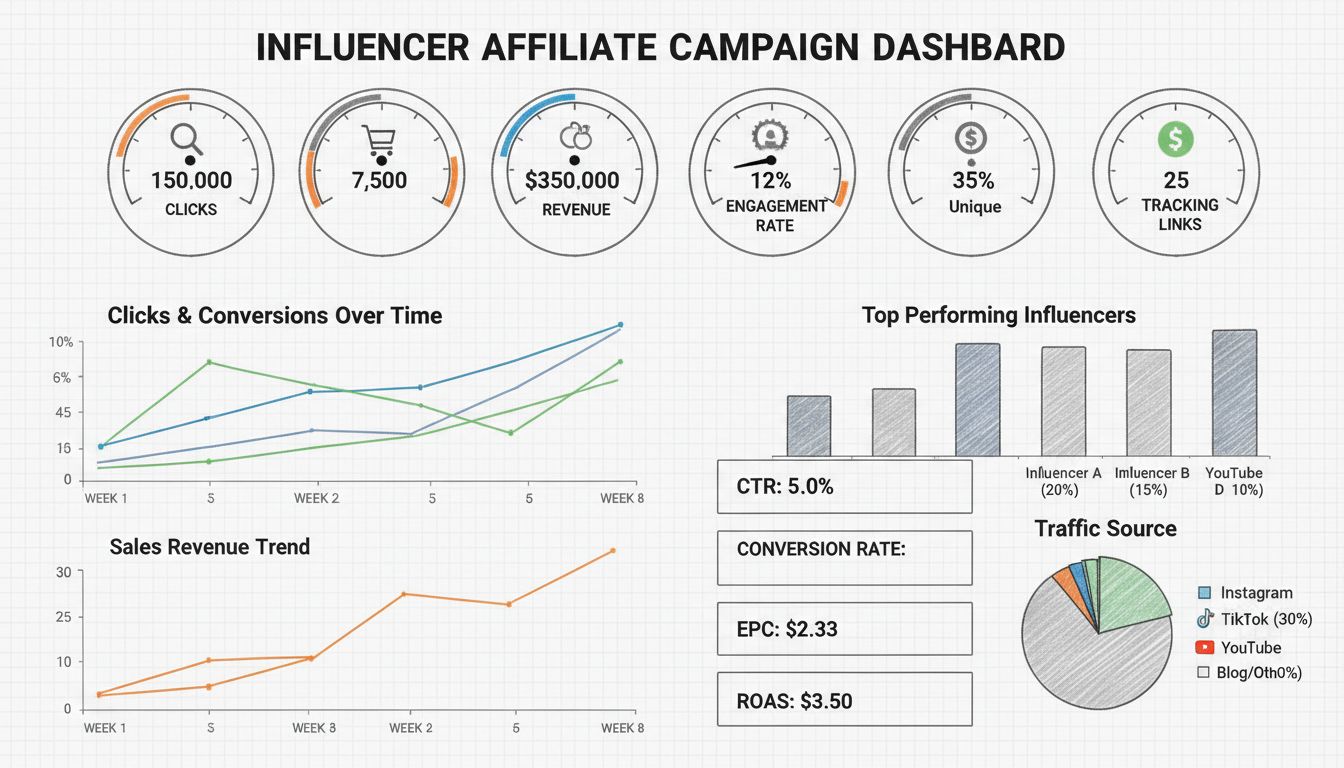 Influencer-Affiliate-Kampagnen-Dashboard mit Klicks, Conversions, ROI, Engagement-Raten und Tracking-Analysen