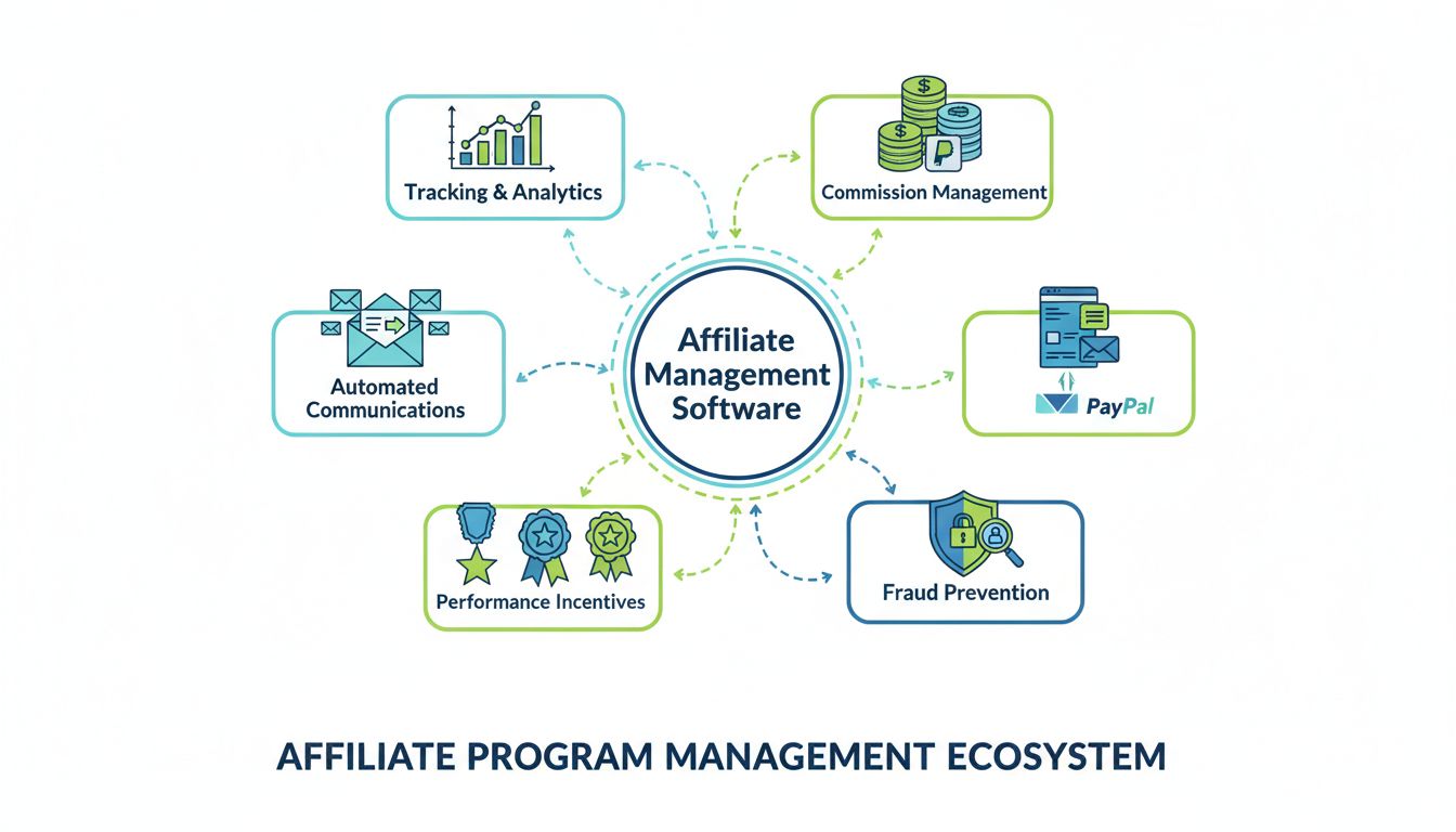 Affiliate-Programm-Management-Tools-Ökosystem, das einen zentralen Knotenpunkt zeigt, verbunden mit Tracking, Provisionsverwaltung, Kommunikation, Anreizen und Betrugsprävention