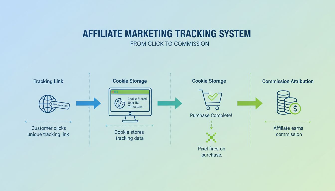 Affiliate-Marketing-Tracking-System zeigt Tracking-Links, Cookies und Conversion-Pixel in der Customer Journey