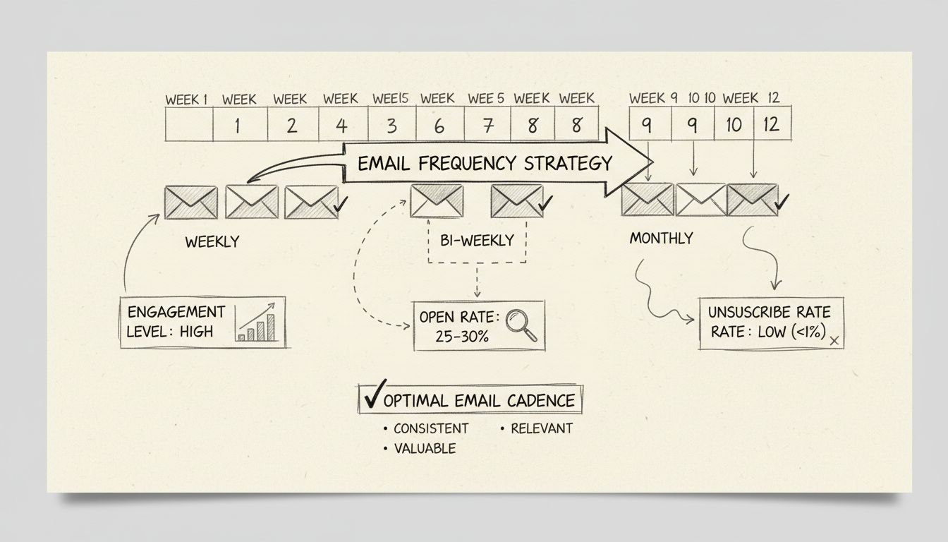 Diagramm zur E-Mail-Frequenzstrategie mit wöchentlichen, zweiwöchentlichen und monatlichen Rhythmen sowie Engagement-Metriken
