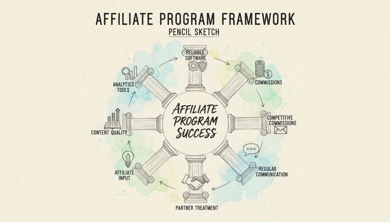Framework zum Erfolg von Affiliate-Programmen mit 7 Schlüsselpfeilern: Zuverlässige Software, Wettbewerbsfähige Provisionen, Regelmäßige Kommunikation, Partnerschaftliche Behandlung, Affiliate-Input, Content-Qualität und Analysetools