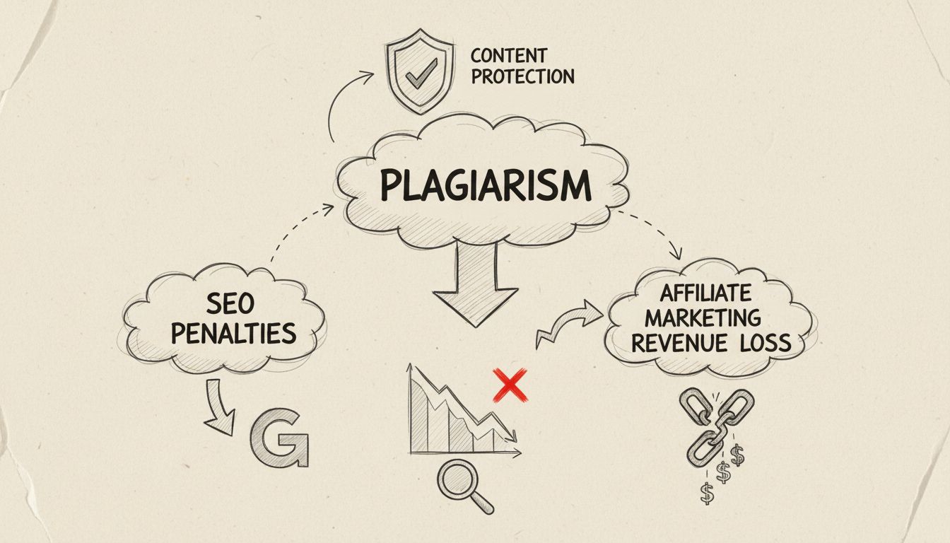 Diagramm zeigt Zusammenhang zwischen Plagiaten, SEO-Strafen und Umsatzverlust im Affiliate-Marketing