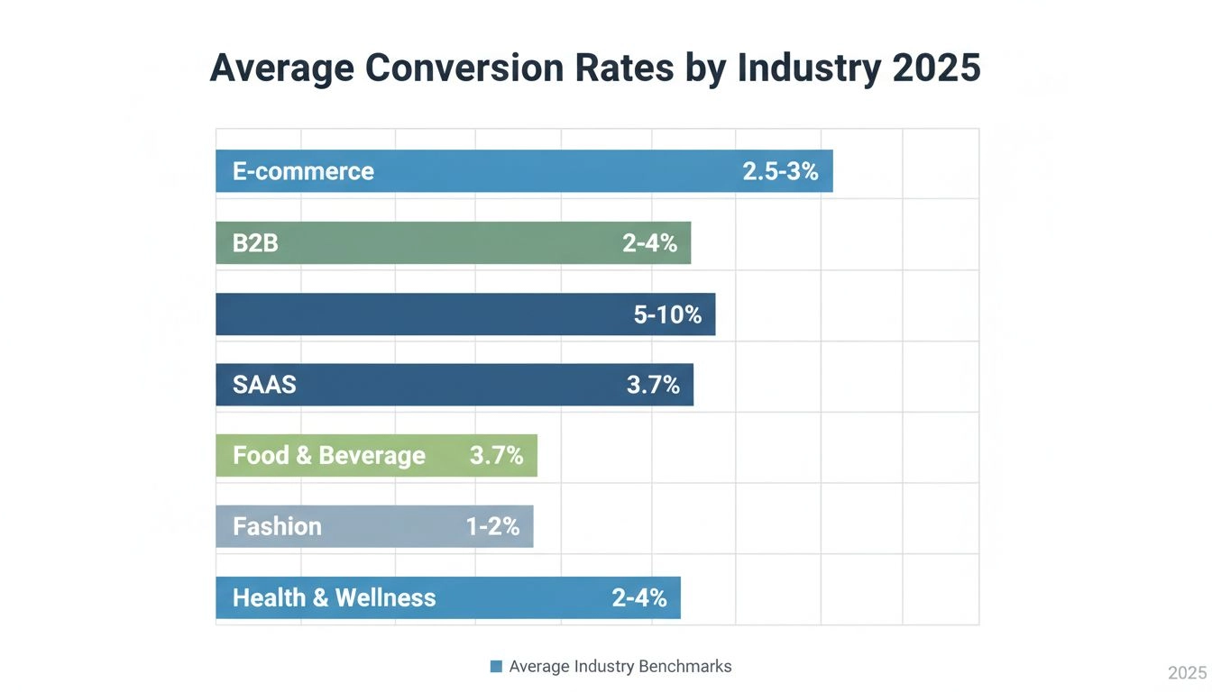 Conversion-Rate-Benchmarks nach Branche 2025 mit Balkendiagramm und Prozentwerten für E-Commerce, B2B, SaaS, Lebensmittel und Getränke, Mode sowie Gesundheits- und Wellnesssektoren