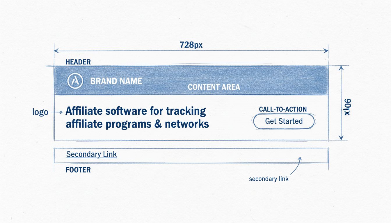 HTML-Banner-Strukturschema mit Header, Inhaltsbereich, Call-to-Action-Button und Footer-Komponenten mit 728x90 Pixel Abmessungen