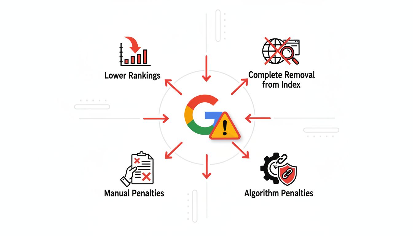 Infografik zu SEO-Strafen und Risiken wie Rankingverluste, Deindexierung, manuelle und algorithmische Strafen