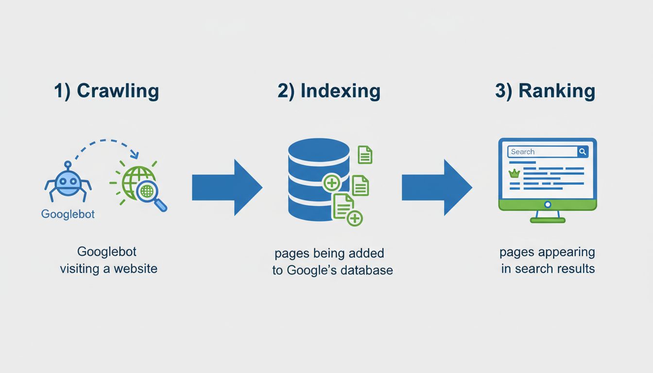 Ablauf des Google-Indexierungsprozesses mit den Phasen Crawling, Indexierung und Ranking
