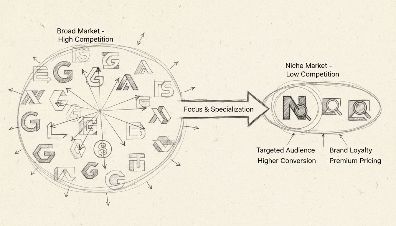 Nischenmarketing-Strategie-Diagramm zeigt breiten Markt vs. fokussierten Nischenmarkt mit geringerem Wettbewerb
