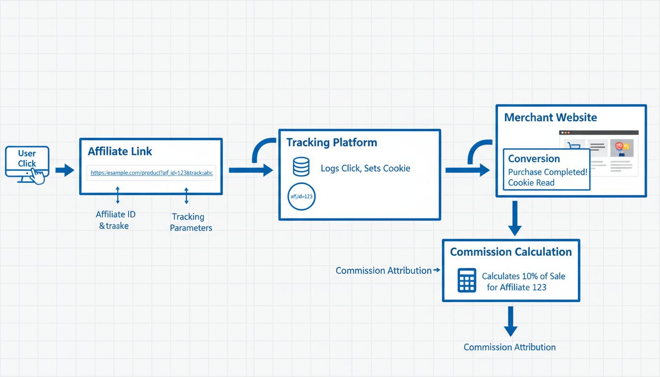 Technisches Diagramm des Ablaufs eines Affiliate-Tracking-Links mit Nutzerklick, Tracking-Parametern und Conversion-Zuordnung