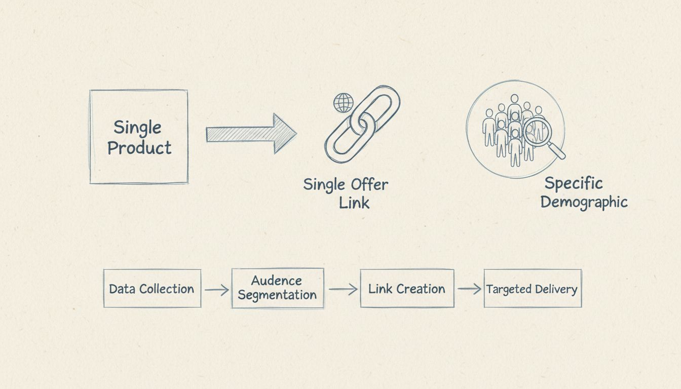 Handgezeichnetes Diagramm zeigt den Einzelangebot-Workflow: Einzelnes Produkt zu spezifischer Zielgruppe über einzigartigen Angebotslink, mit Ablauf von Datensammlung, Zielgruppensegmentierung, Link-Erstellung und gezielter Ausspielung