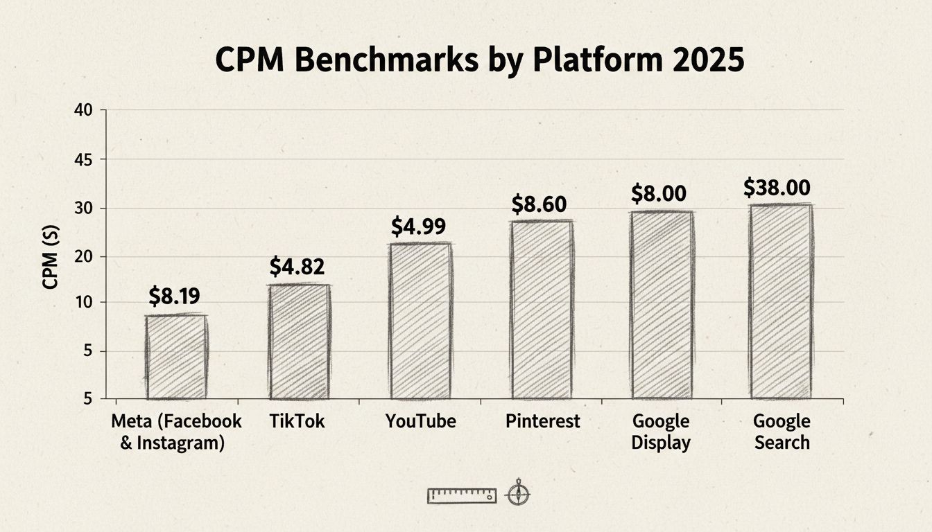 CPM-Benchmarks nach Plattform 2025 – Handgezeichnetes Diagramm mit durchschnittlichen CPM-Werten für Meta, TikTok, YouTube, Snapchat, Pinterest, Google Display und Google Search