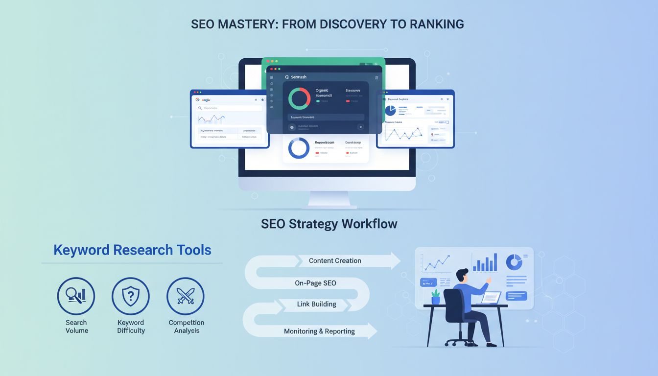 Dashboard von Keyword-Recherche-Tools mit Suchvolumen, Keyword-Schwierigkeit und Wettbewerbsanalyse
