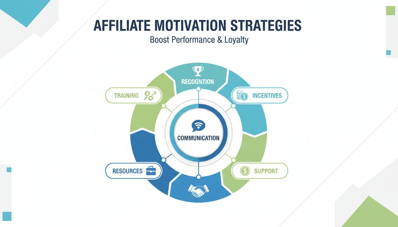 Affiliate-Motivationsstrategien-Pyramide mit Kommunikation, Anerkennung, Anreizen, Support und Ressourcen