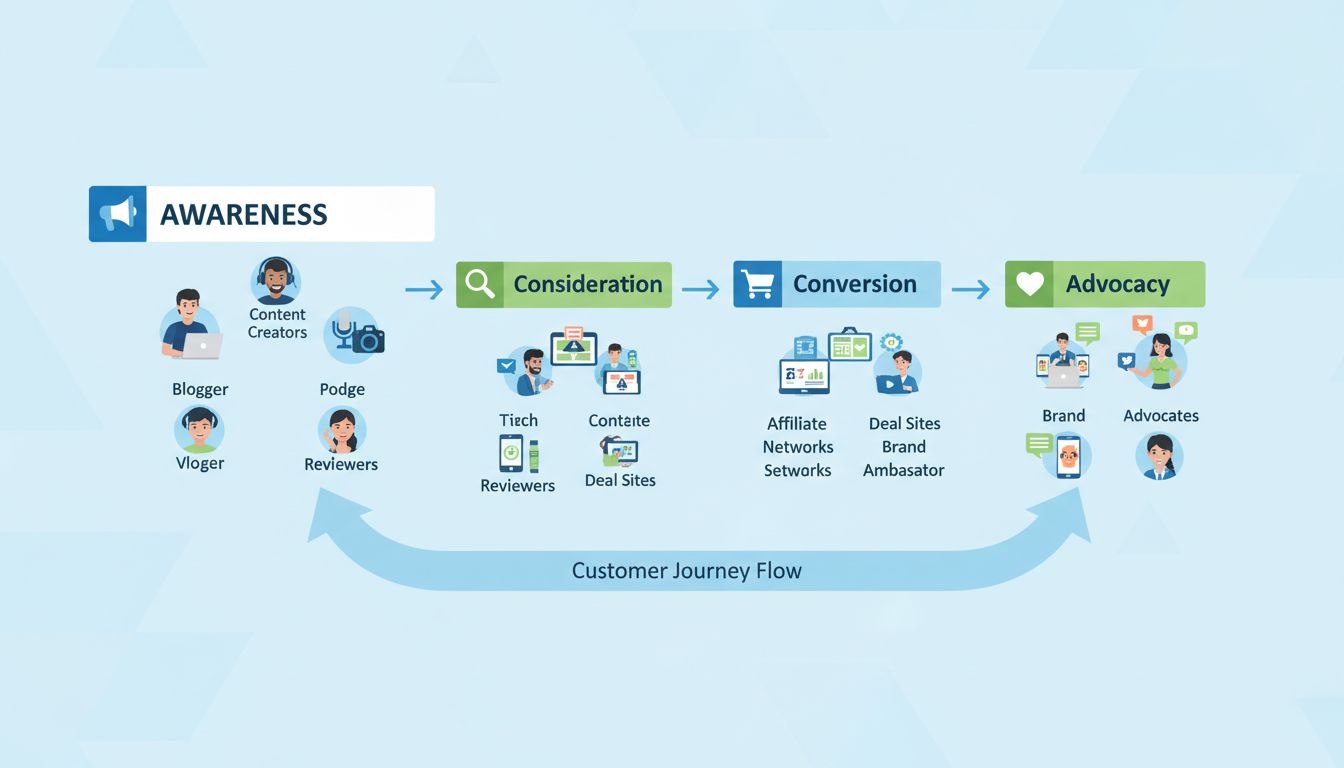 Affiliate-Marketing-Funnel-Phasen mit Aufmerksamkeit, Erwägung, Conversion und Fürsprache, jeweils mit verschiedenen Affiliate-Typen