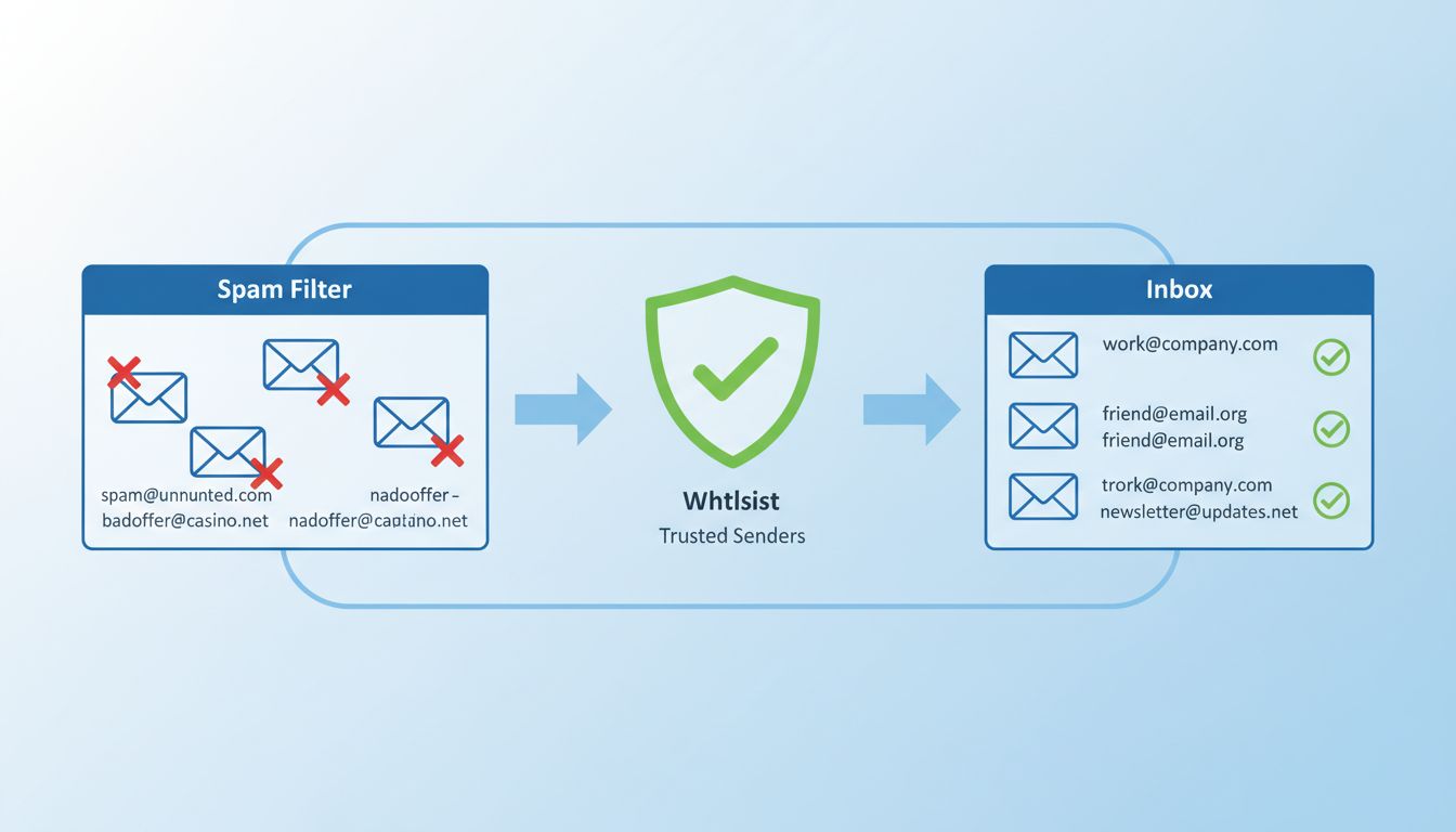 Diagramm zum E-Mail-Whitelisting-Prozess mit Spamfilter links, Whitelist in der Mitte und vertrauenswürdigem Postfach rechts mit grünen Häkchen