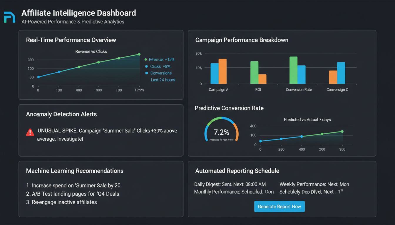 KI-gesteuertes Analytics-Dashboard mit Echtzeit-Leistungskennzahlen, Anomalieerkennungswarnungen und prädiktiven Analysen für Affiliate-Marketing