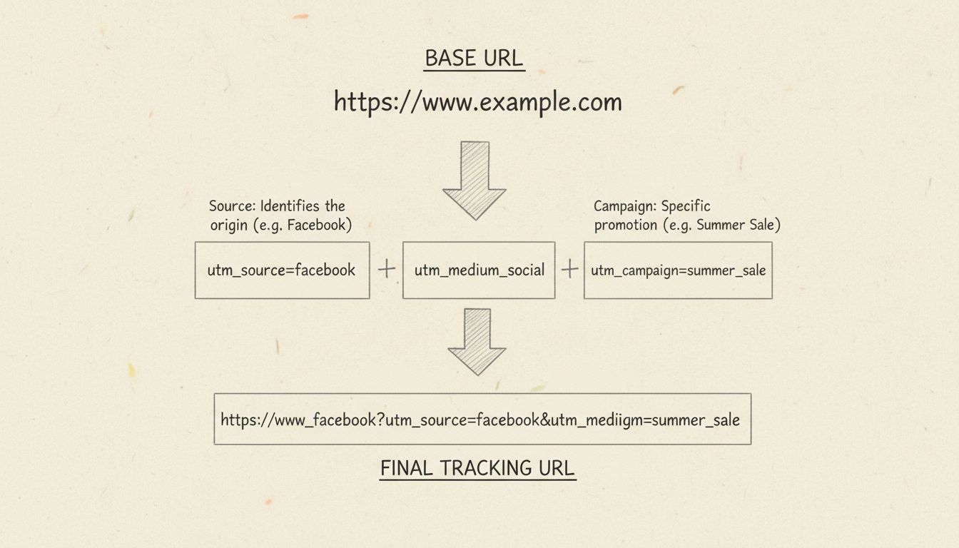Handgezeichnetes Diagramm zeigt, wie Tracking-URLs mit UTM-Parameterstruktur erstellt werden