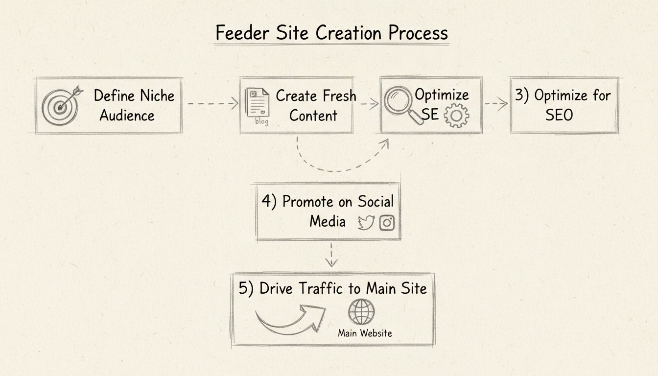 Diagramm zum Erstellungsprozess einer Feeder-Seite mit fünf Schritten: Zielnische definieren, frischen Content erstellen, für SEO optimieren, auf Social Media promoten und Traffic auf die Hauptseite lenken