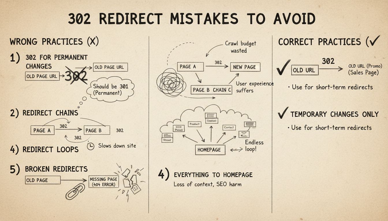 Technische Darstellung mit Fehlern bei 302-Weiterleitungen wie Weiterleitungsketten, Loops und falschen Nutzungsmustern