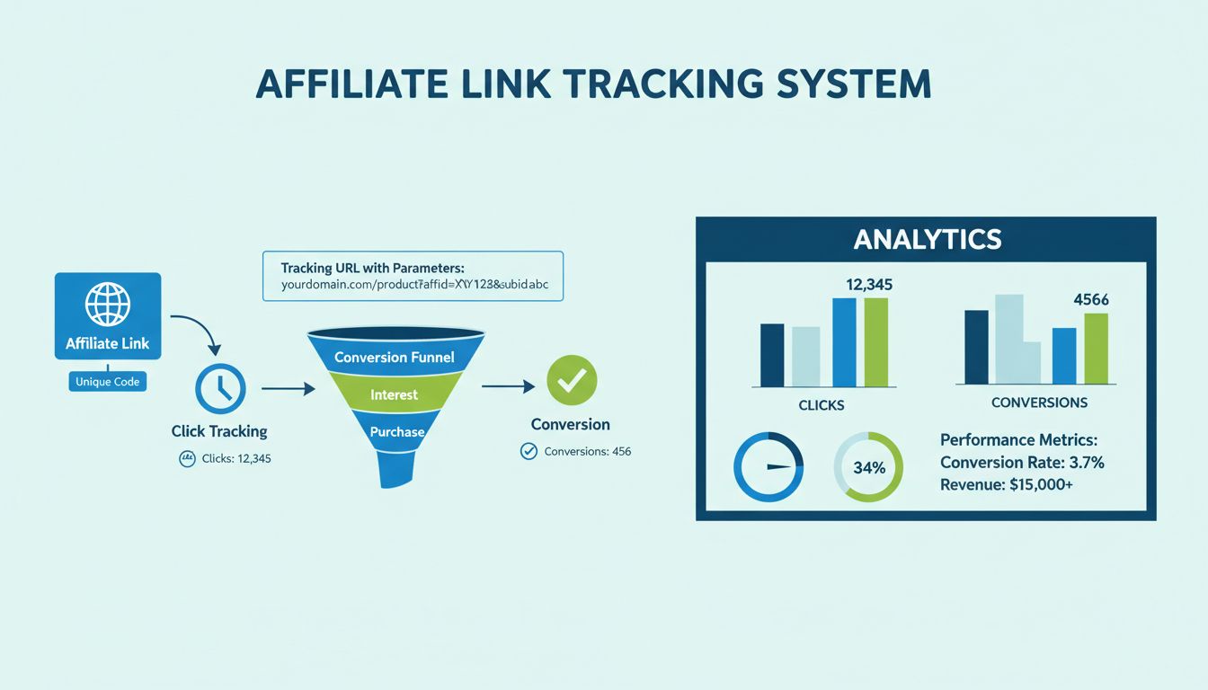 Infografik zum Tracking-System von Affiliate-Links mit einzigartigen Tracking-Codes, Analyse-Dashboard und Conversion-Flow