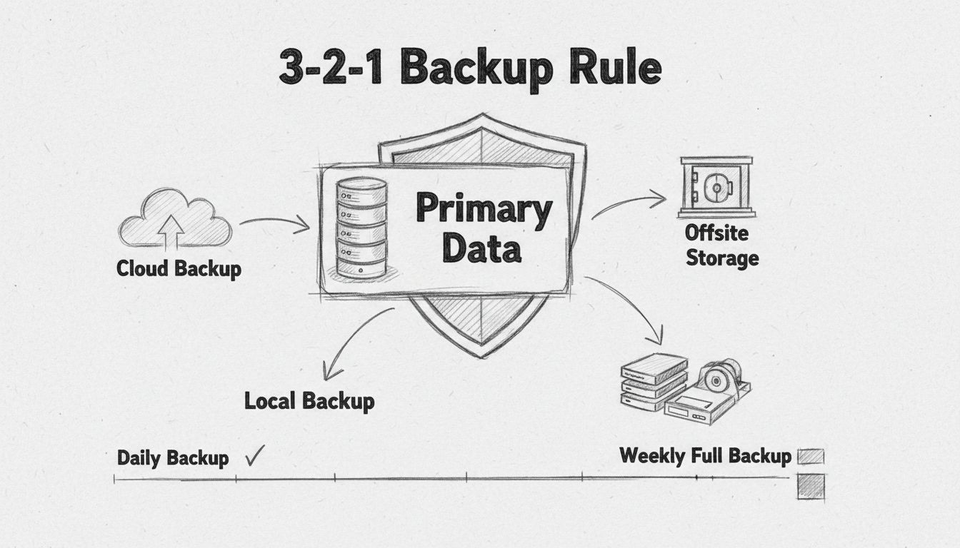Handgezeichnetes Diagramm, das die 3-2-1-Backup-Regel mit Primärdaten, Cloud-Backup, externer Speicherung und lokalen Backup-Standorten zeigt