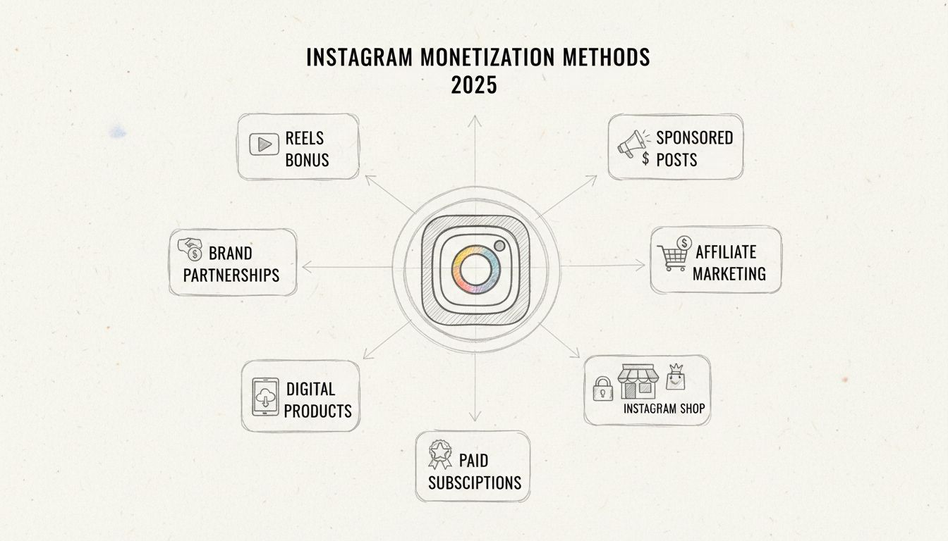 Diagramm zu Instagram-Monetarisierungsmethoden, das 8 verschiedene Einnahmequellen rund um das zentrale Instagram-Logo zeigt