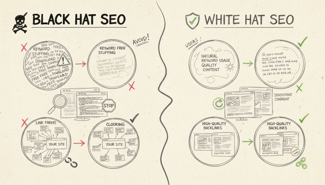 Vergleichsdiagramm Black-Hat- vs. White-Hat-SEO-Taktiken: verbotene Techniken links und ethische Alternativen rechts