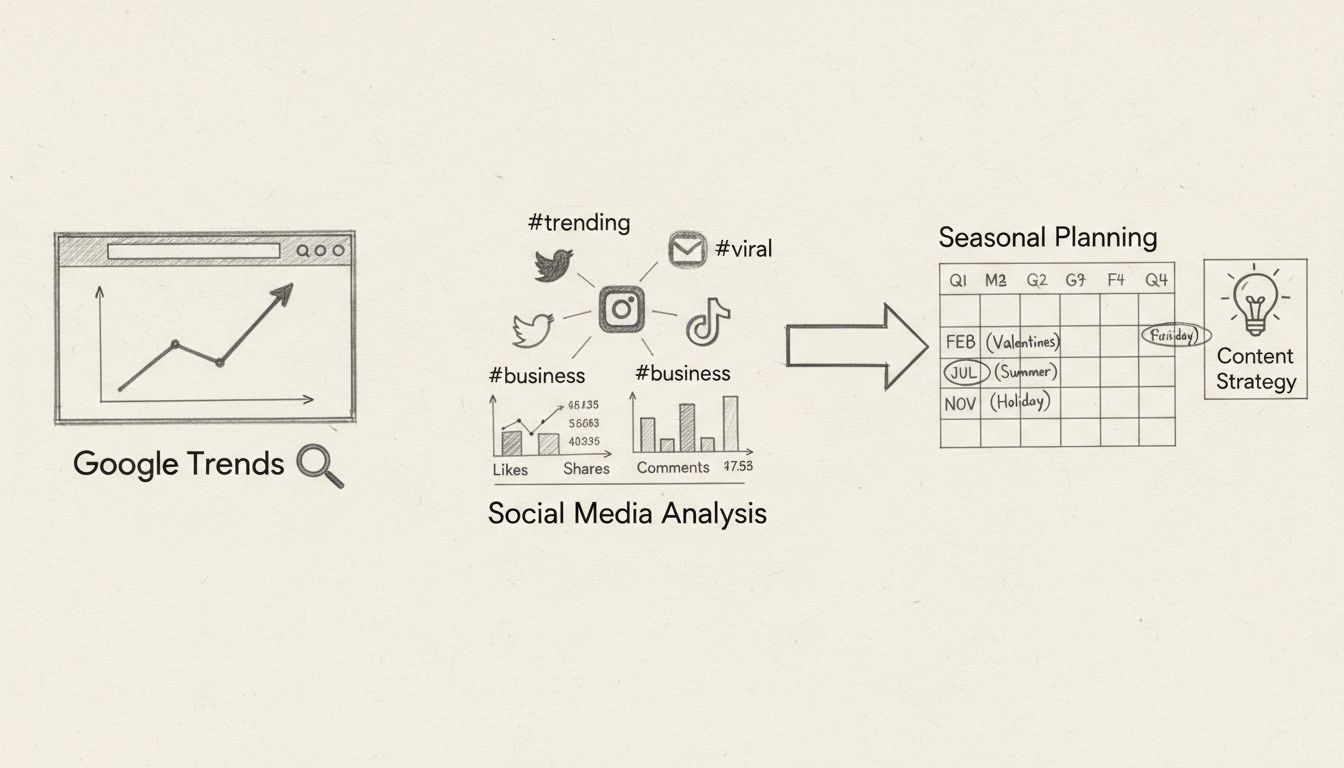 Workflow-Diagramm zur Recherche von Trendthemen zeigt Google Trends Oberfläche, Social-Media-Hashtag-Analyse und saisonale Content-Planung