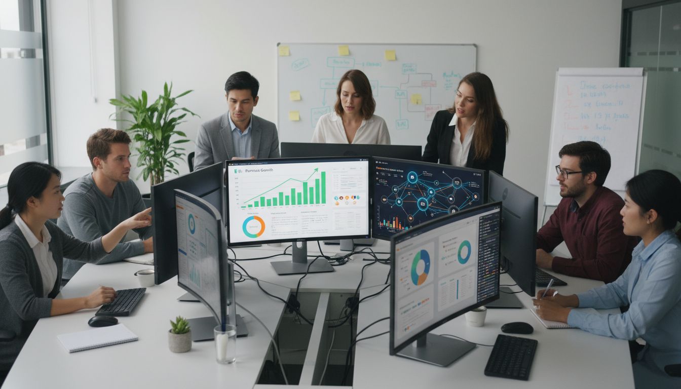 Tech-Startup-Team arbeitet gemeinsam an einer Affiliate-Marketing-Strategie mit Dashboard, das Metriken und Netzwerk-Visualisierung zeigt