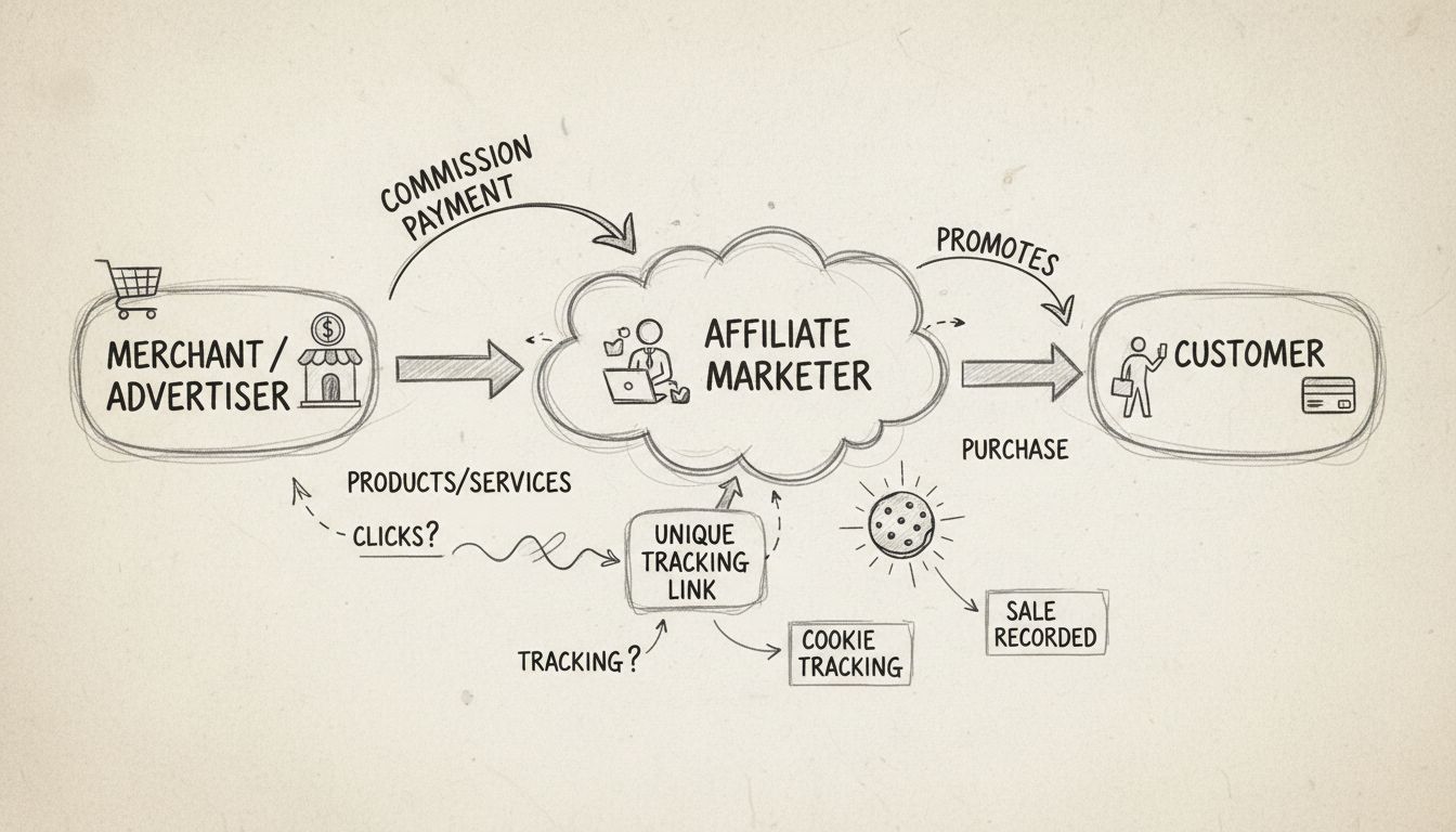 Affiliate-Marketing-Ökosystem-Diagramm mit Händler, Affiliate, Kunde und Provisionsfluss