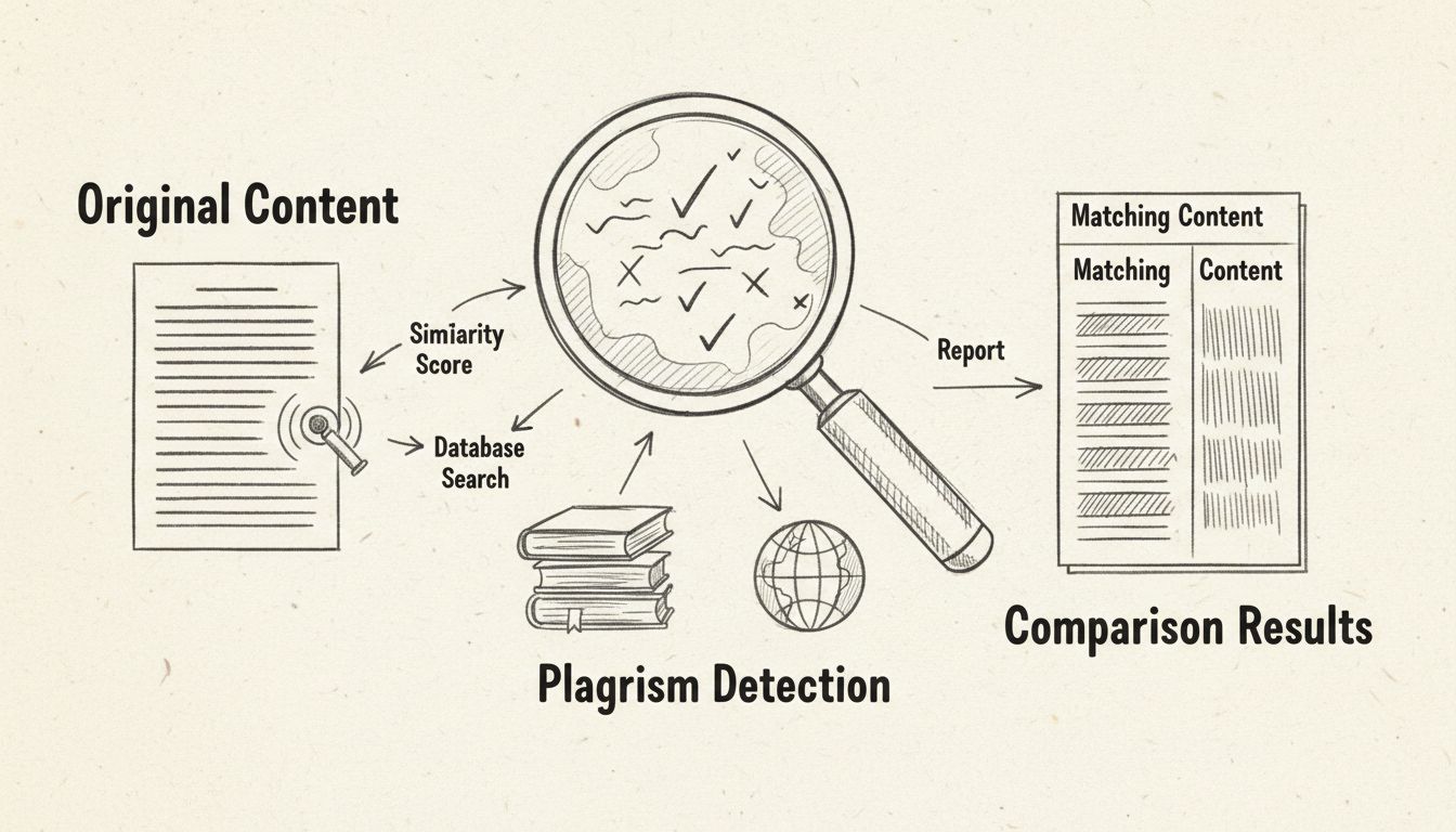 Handgezeichnetes Diagramm zum Plagiatserkennungs-Workflow mit Dokumentenscan, Vergleichsanalyse und Ergebnis-Highlighting