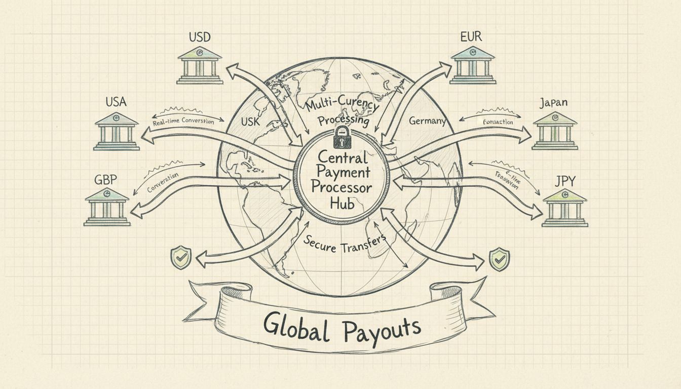 International affiliate payment flow with multi-currency processing showing global payouts and secure transfers