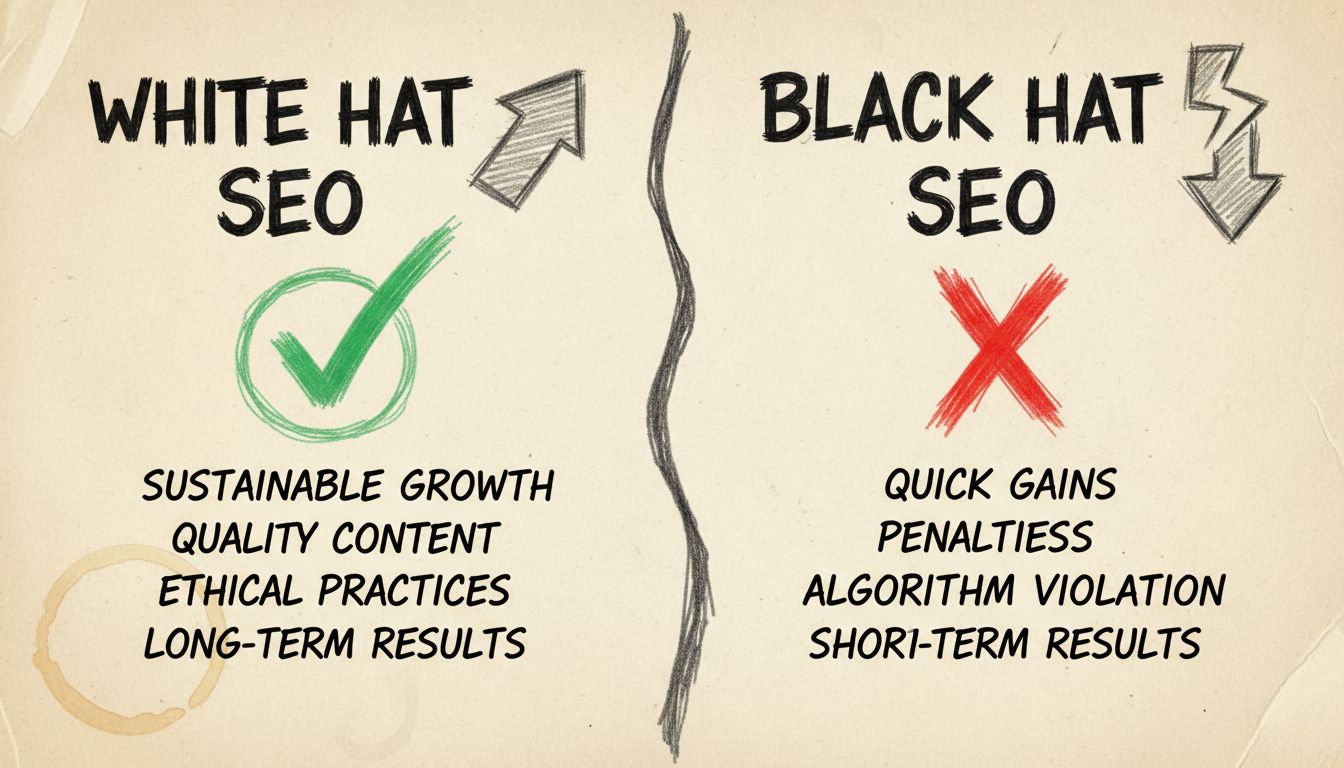 Vergleichsdiagramm von White Hat SEO vs. Black Hat SEO, das nachhaltiges Wachstum gegenüber Strafen zeigt