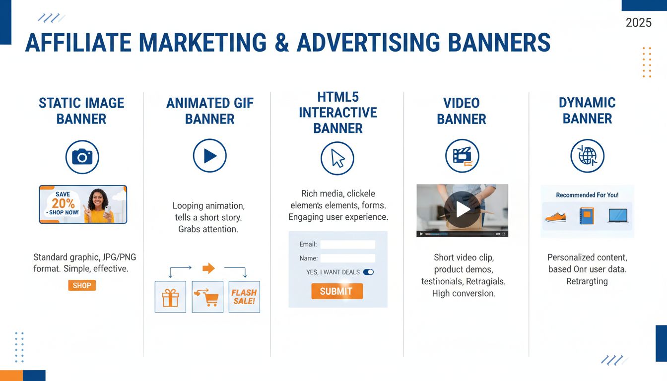 Verschiedene Bannertypen für Affiliate-Marketing, darunter statische, animierte GIF-, HTML5-, Video- und dynamische Banner