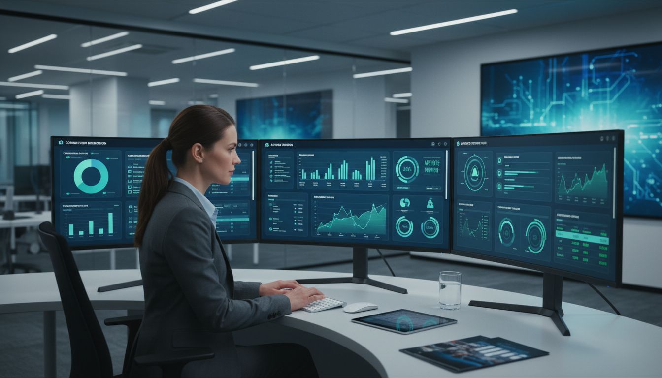 Affiliate-Manager am Schreibtisch mit mehreren Monitoren, auf denen Analyse-Dashboards und Leistungskennzahlen angezeigt werden