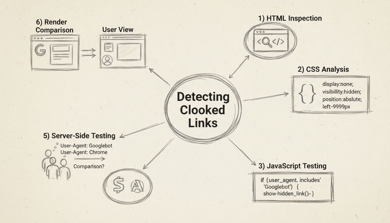 Diagramm, das sechs Methoden zur Erkennung getarnter Links zeigt: HTML-Inspektion, CSS-Analyse, JavaScript-Test, SEO-Tools, serverseitige Tests und Render-Vergleich